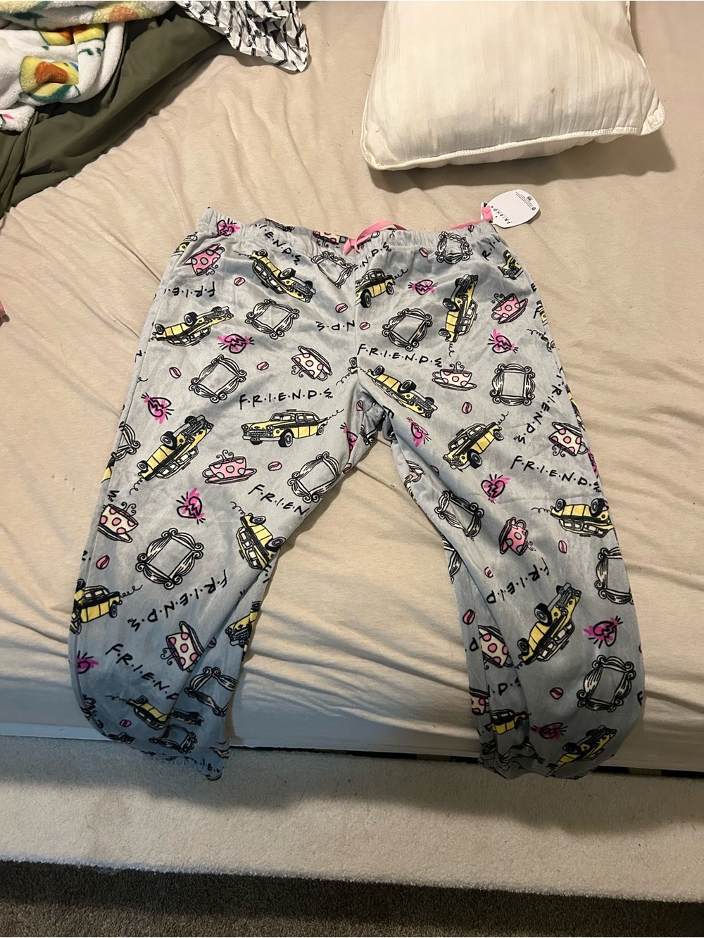FRIENDS Grey Pajama Pants with Yellow Taxi and Pink Accents